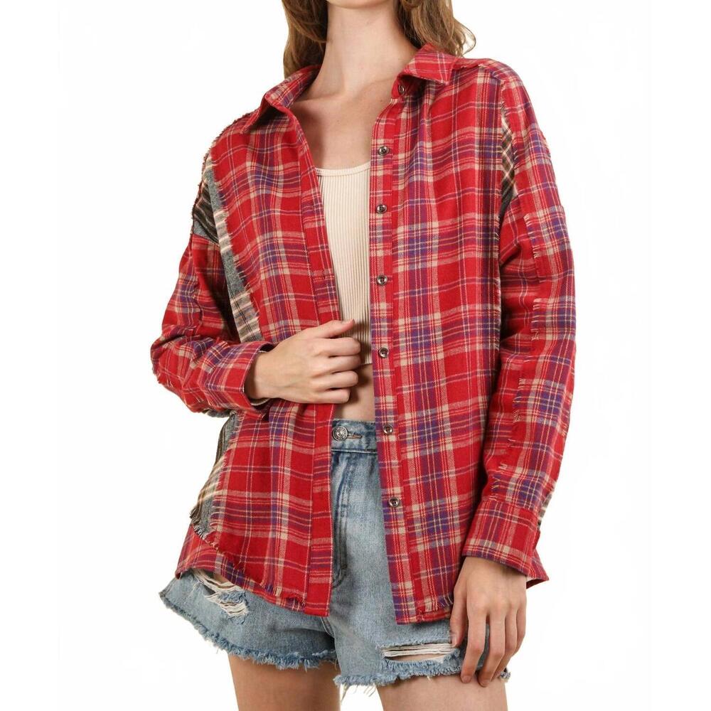NEW VERY J mountain plaid top in red plaid